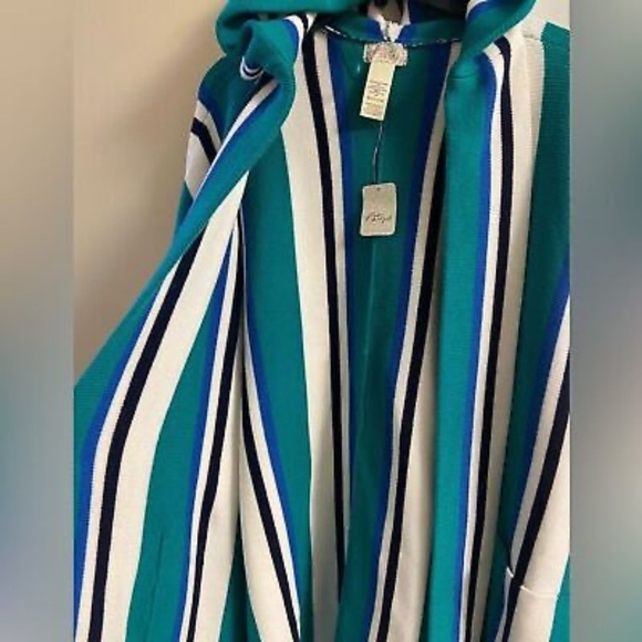 Free People One Size Poncho Striped Hooded Open Knit Kimono Pockets Green White - Picture 4 of 16